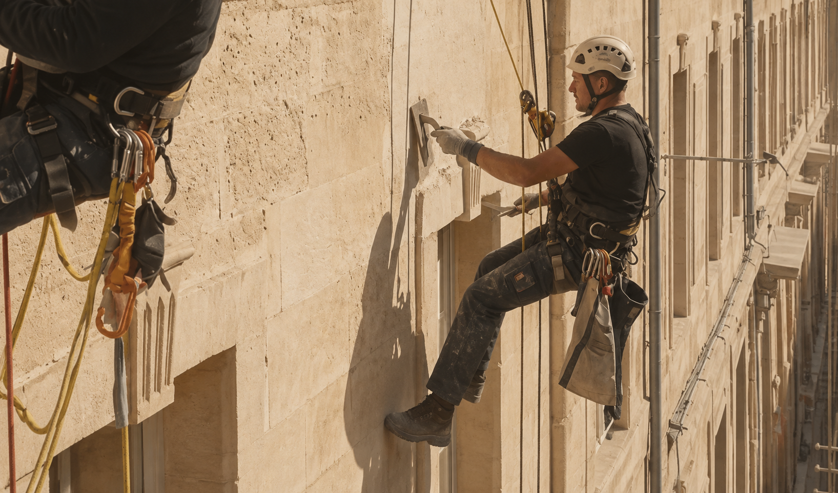 Illustration : cordiste suspendu sur une façade en pierre calcaire d'immeuble bordelais